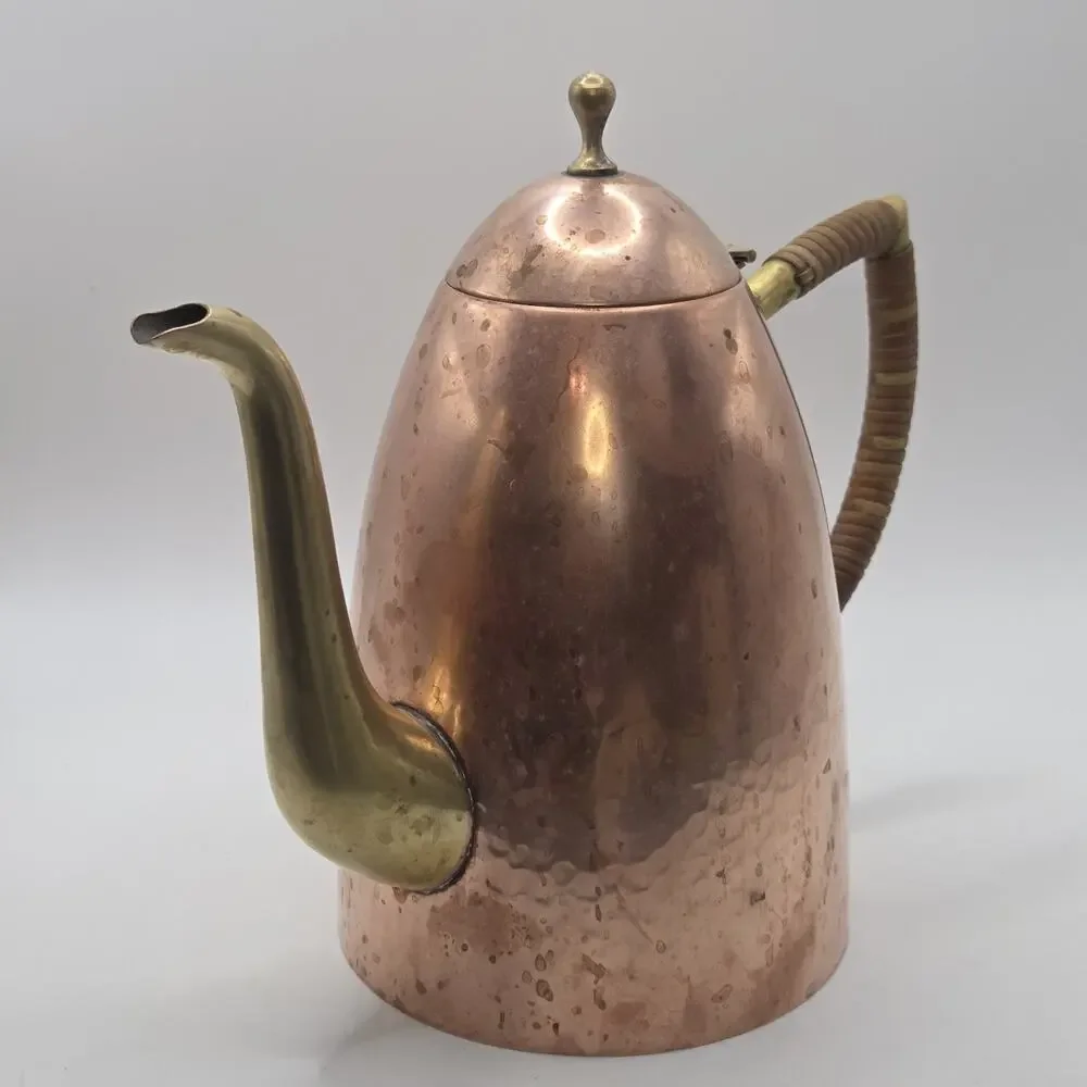 MCM Tea Pot O.H. Lagerstedt Swedish Hammered Copper & Brass 1950s Bamboo Handle